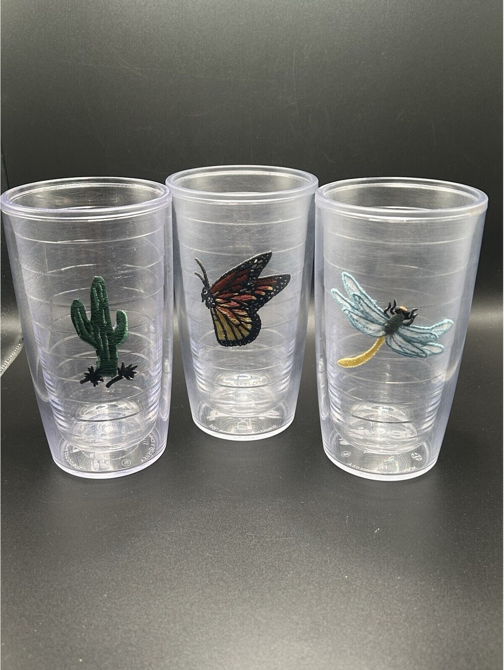 Vintage Set of 3 Tervis 16 oz Double Walled Tumblers Dragonfly Cactus Butterfly
